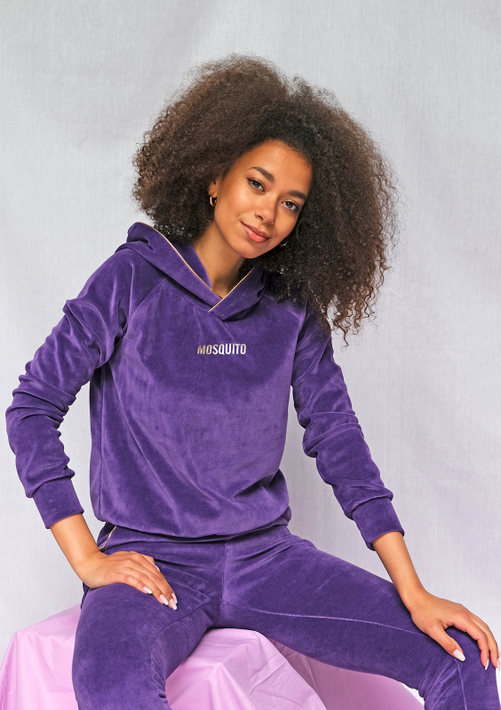 Bluza velvet z kapturem i złotymi detalami Fioletowa