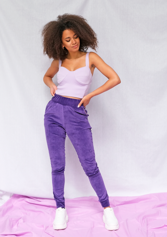 Spodnie velvet z wysokim stanem Fioletowe