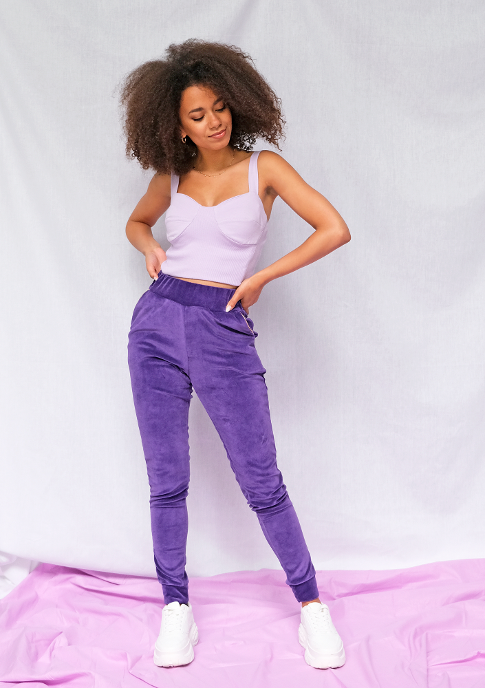 Spodnie velvet z wysokim stanem Fioletowe