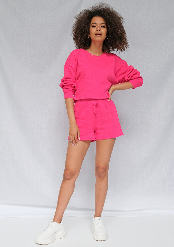 Szorty o splocie dzianym z bawełny Fuksja ILM