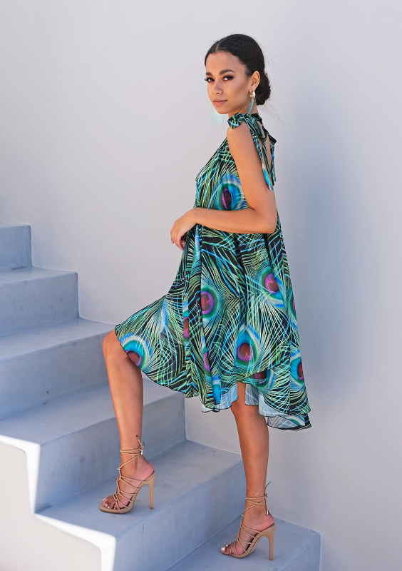 Sukienka wiązana na ramionach z satyny Pawie Pióra