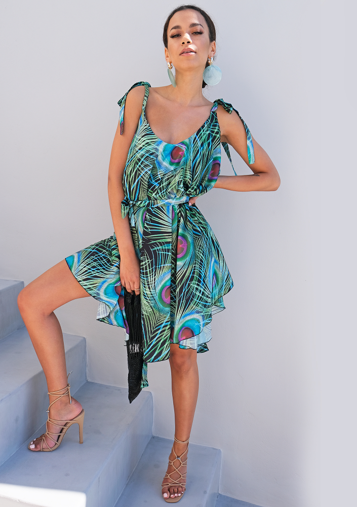 Sukienka wiązana na ramionach z satyny Pawie Pióra