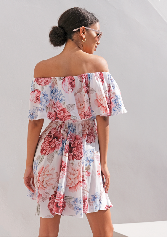 Rozkloszowana sukienka z falbaną Satin Flowers