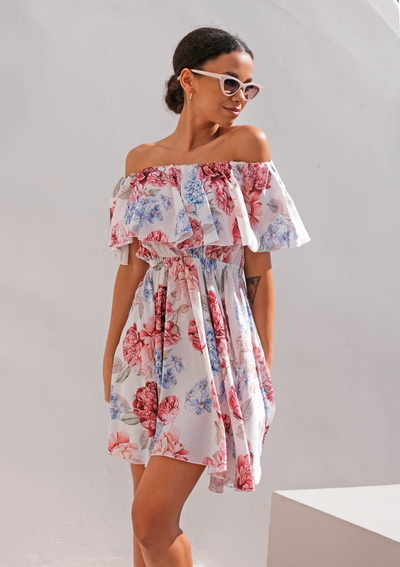 Rozkloszowana sukienka z falbaną Satin Flowers