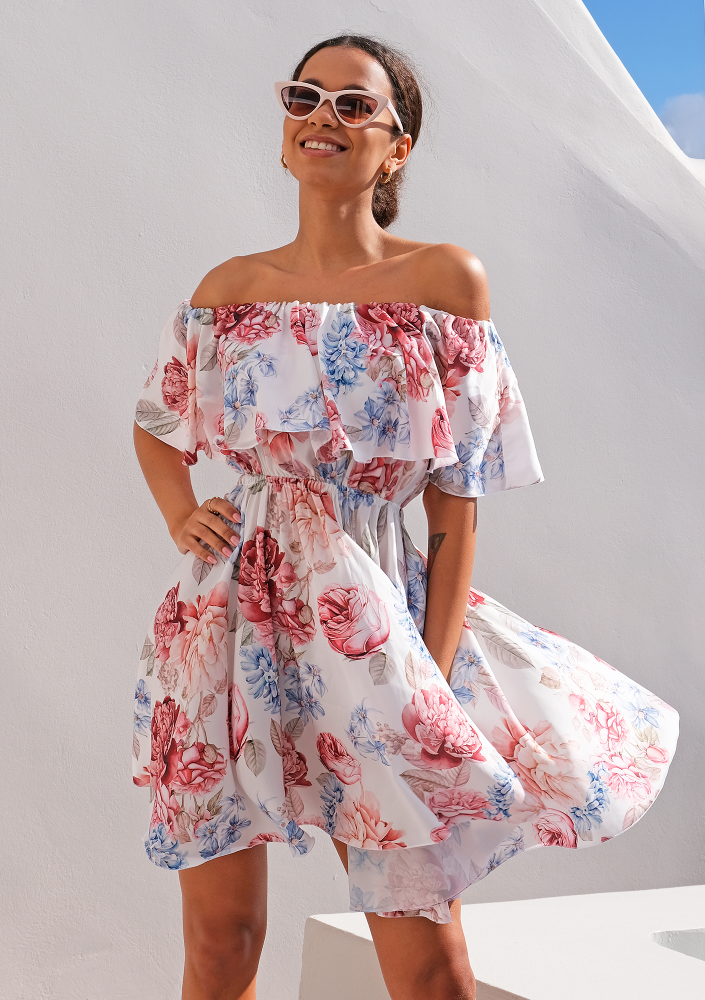 Rozkloszowana sukienka z falbaną Satin Flowers