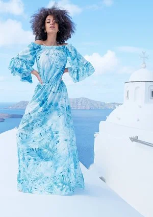 Sukienka maxi pastel leaves Niebieska