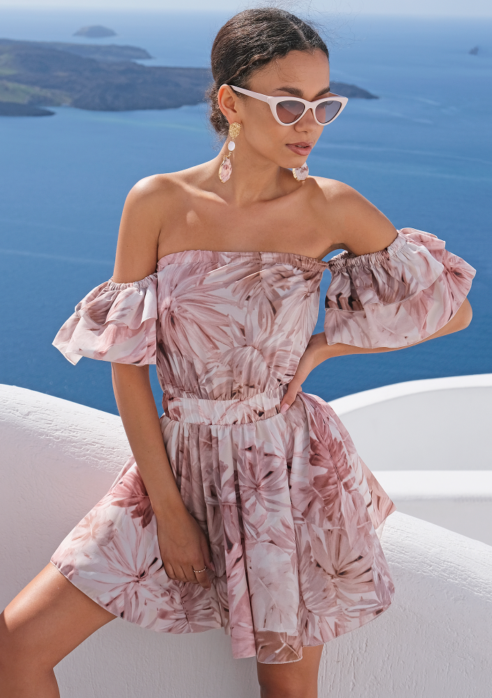 Mini sukienka pastel leaves Beżowa