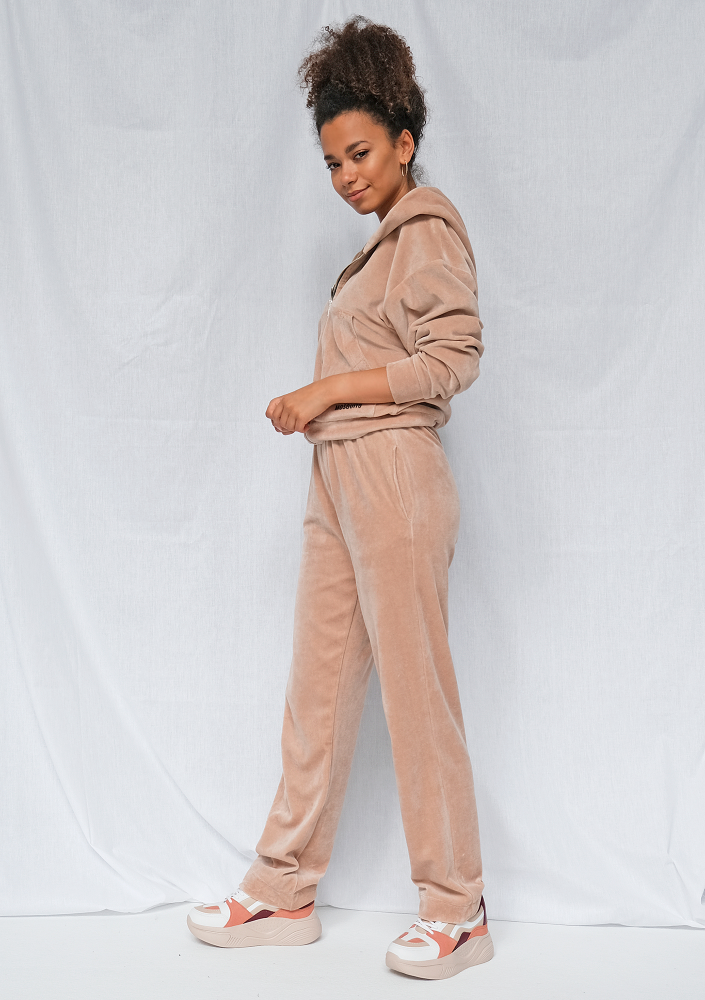 Welurowe spodnie z szeroką nogawką beżowe ILM