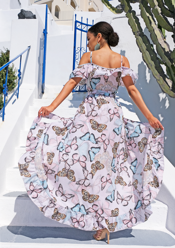 Kopertowa sukienka z falbanami butterfly powder