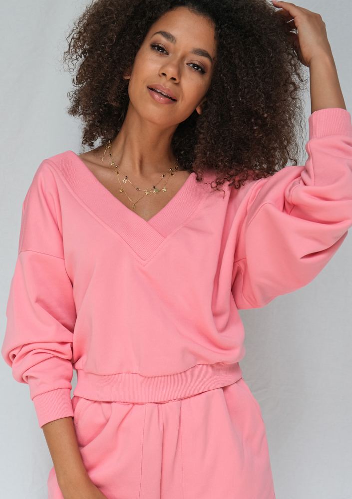 Bluza z dekoltem V koralowy róż ILM