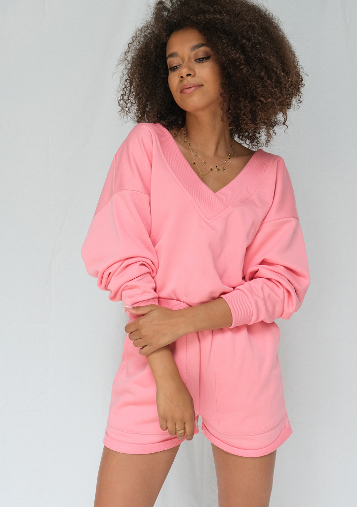 Bluza z dekoltem V koralowy róż ILM