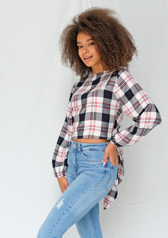 Wiązana koszula w kratę Granatowa