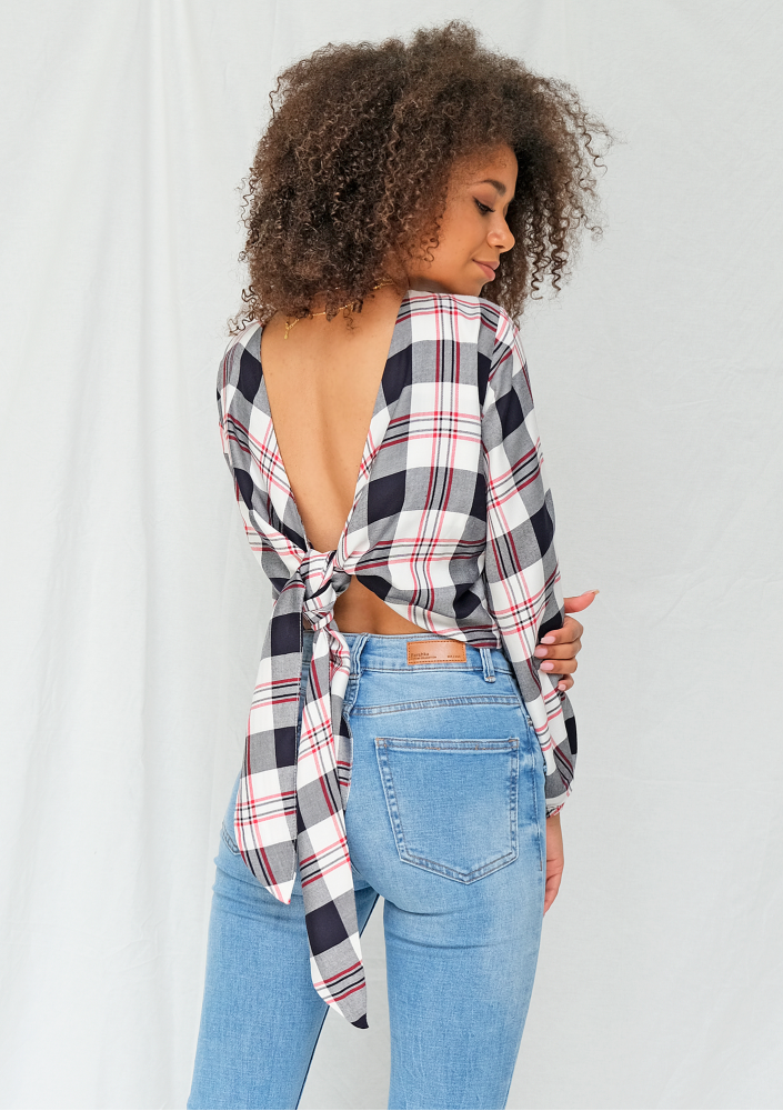 Wiązana koszula w kratę Granatowa