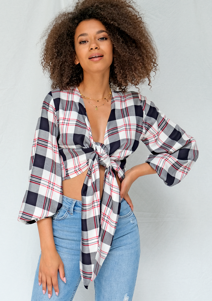 Wiązana koszula w kratę Granatowa