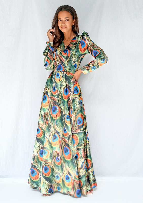 Kopertowa sukienka maxi w pawie pióra