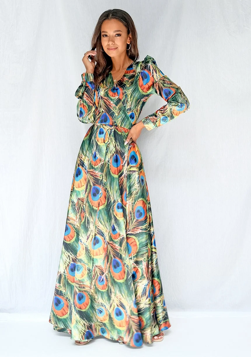 Satin Maxi Wrap Dress In Peacock Feathers Print Mosquito