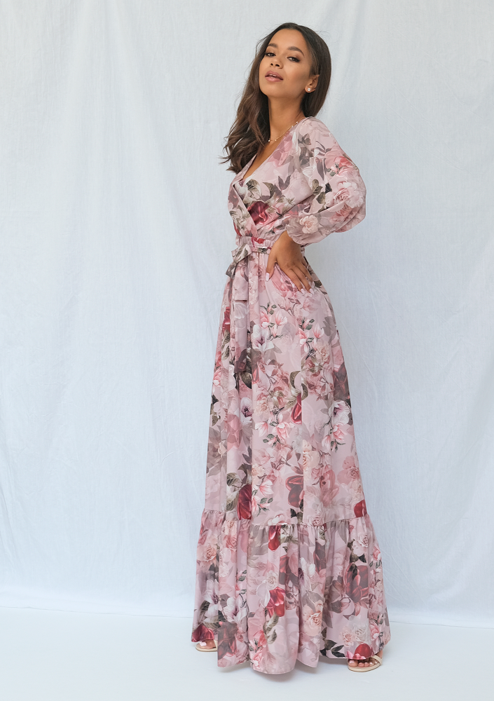 Kopertowa sukienka maxi powder flower print