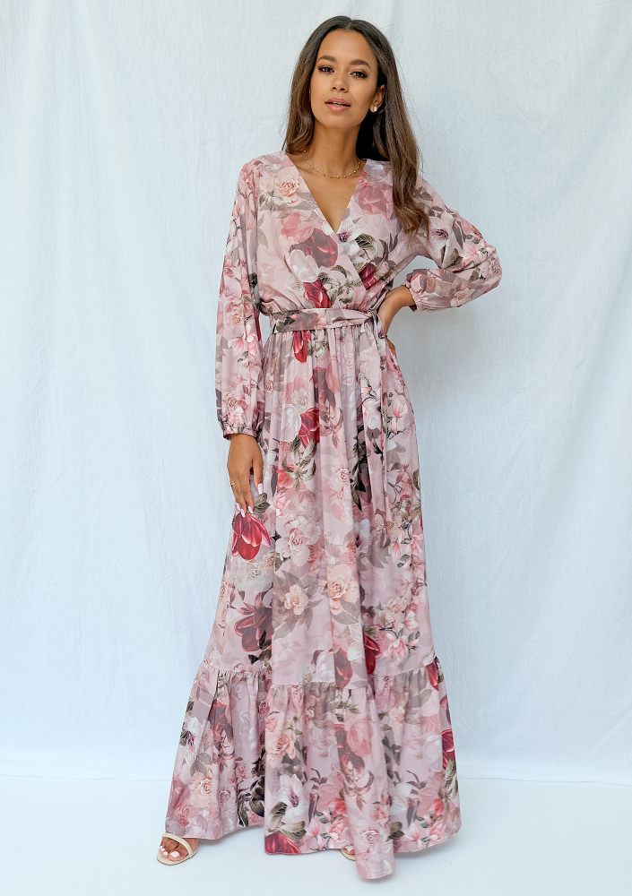 Kopertowa sukienka maxi powder flower print