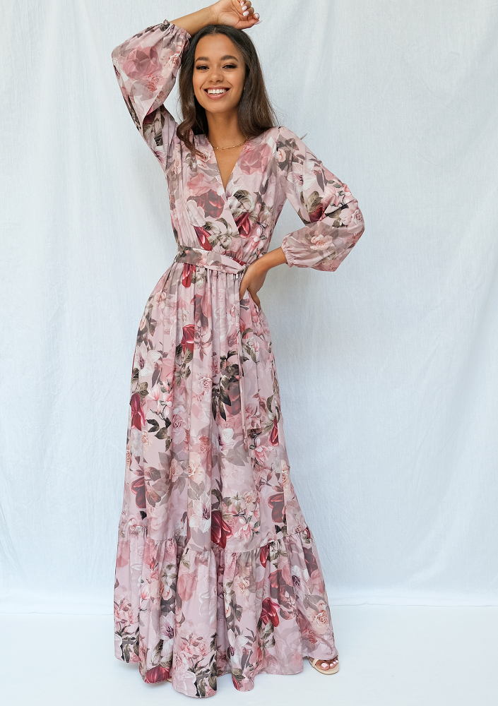 Kopertowa sukienka maxi powder flower print