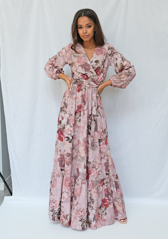 Kopertowa sukienka maxi powder flower print