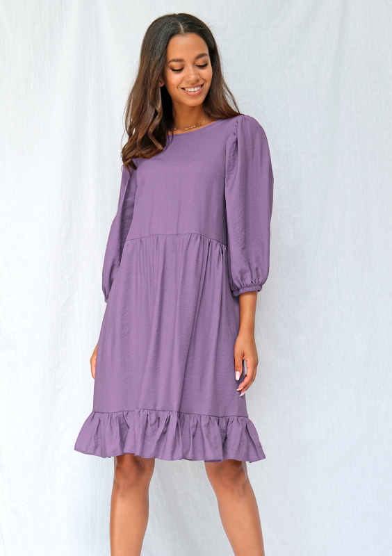 Jesienna sukienka z szerokim rękawem lavenda