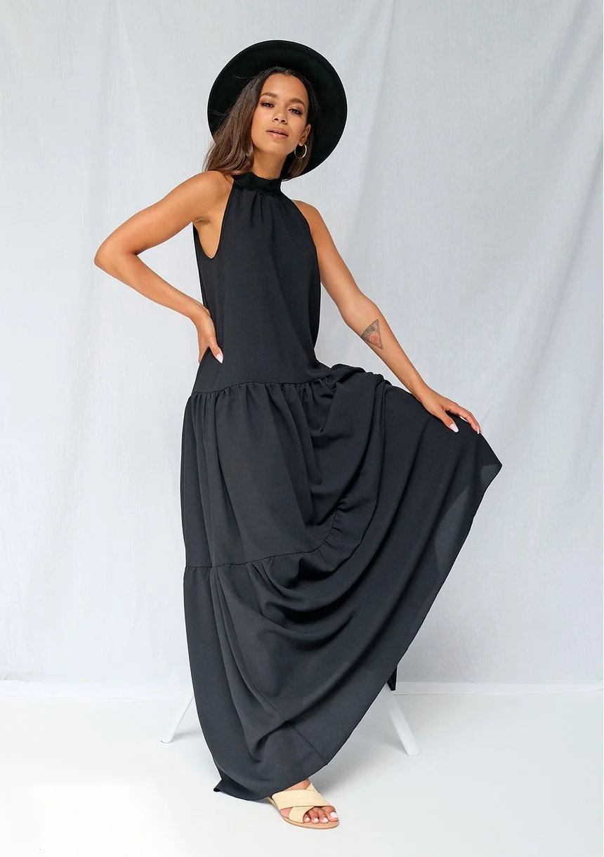 Sukienka maxi z falbanami wiązana na szyi czarna