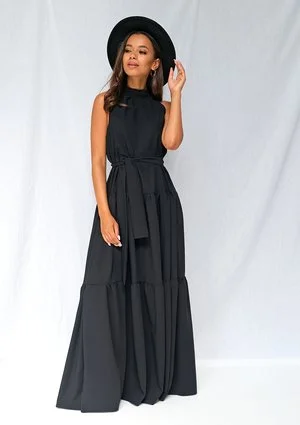 Sukienka maxi z falbanami wiązana na szyi czarna