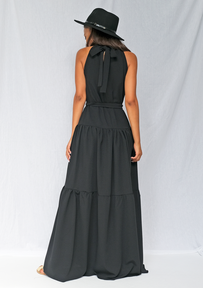 Sukienka maxi z falbanami wiązana na szyi czarna