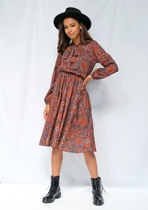 Sienna - sukienka midi brown print z wiązaniem