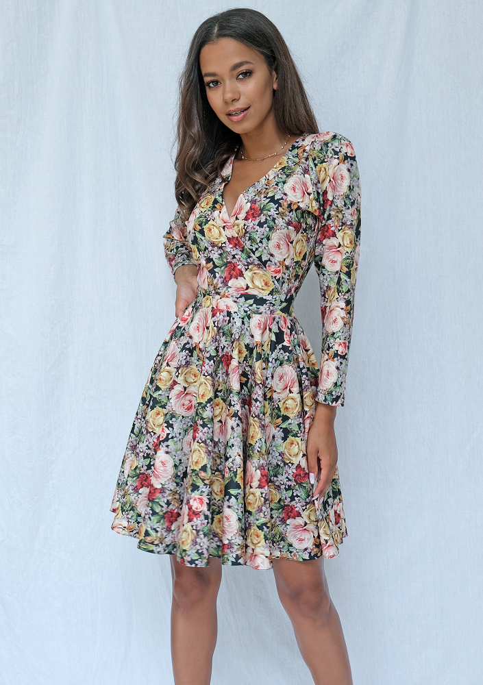 Kopertowa sukienka z długim rękawem flowers print