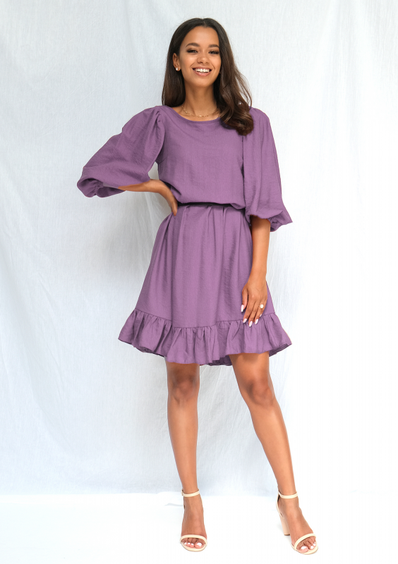 Jesienna sukienka z szerokim rękawem lavenda