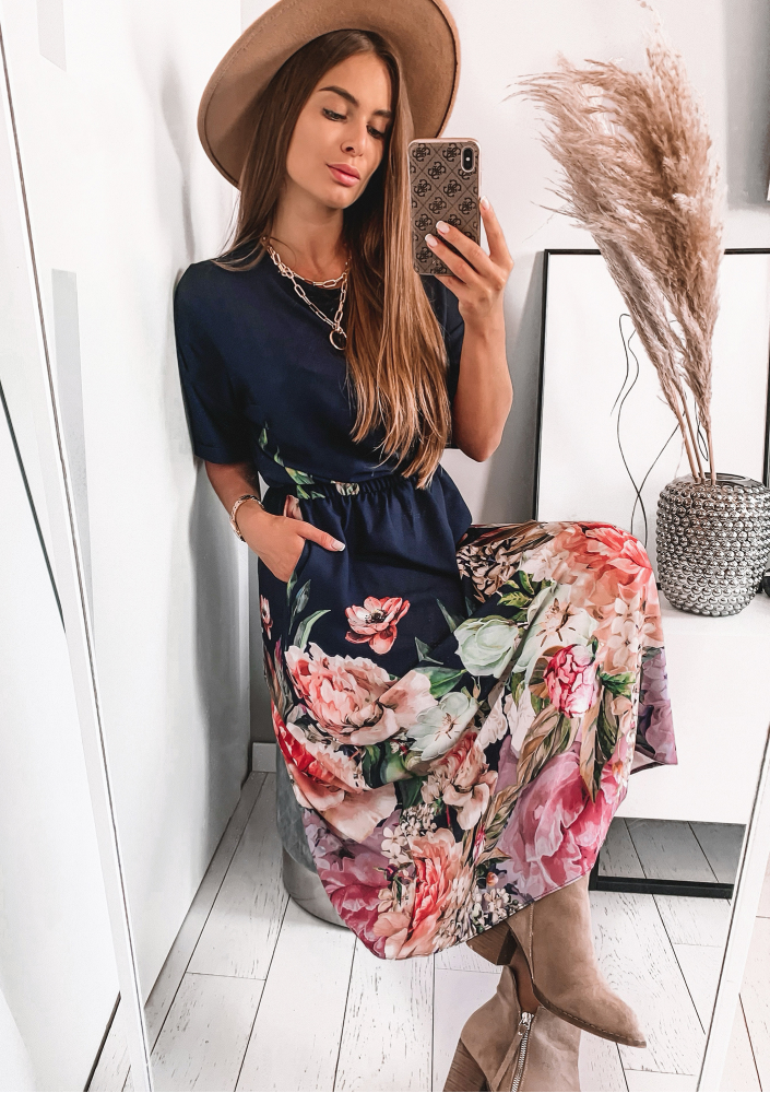 Sukienka midi z kwiatowym borderem granatowa