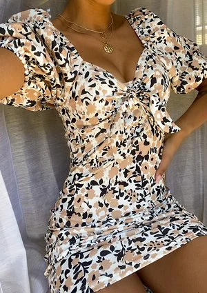 Sukienka z dekoltem caro Beige flower print