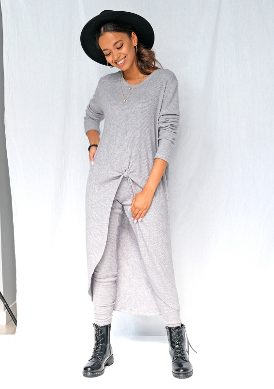 Leginsy z dzianiny sweterkowej w prążek szare