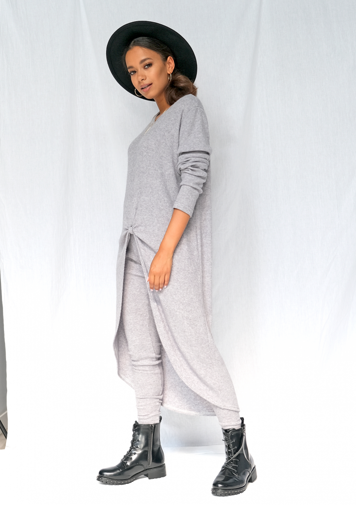 Leginsy z dzianiny sweterkowej w prążek szare