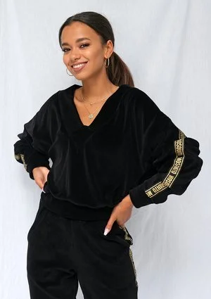 Bluza z weluru dekolt v gold logo stripe Czarna
