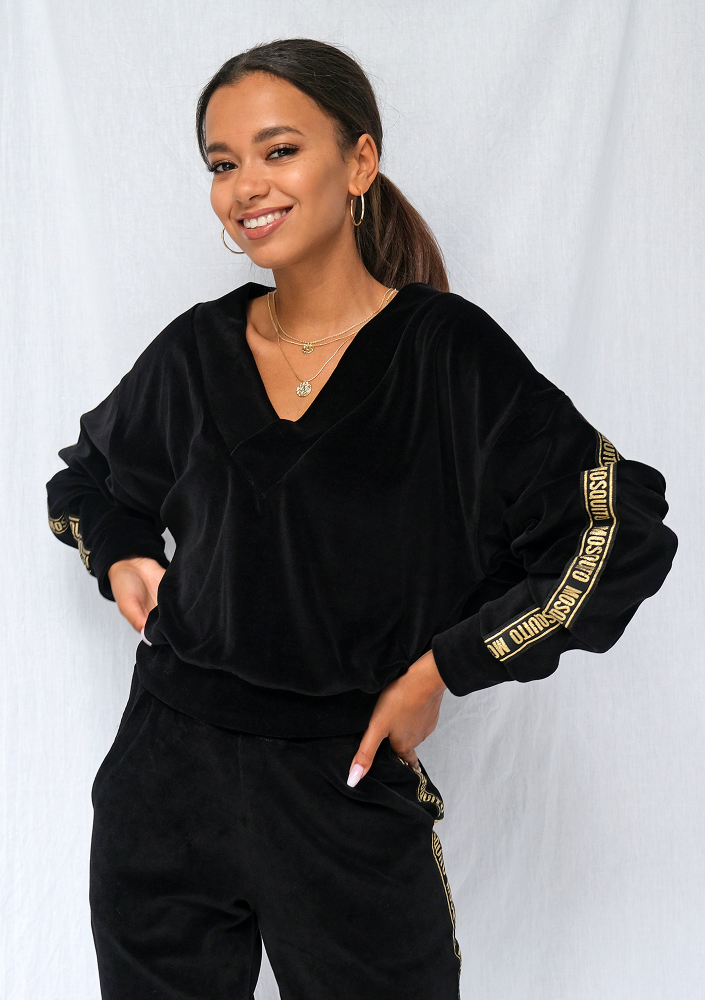 Bluza z weluru dekolt v gold logo stripe