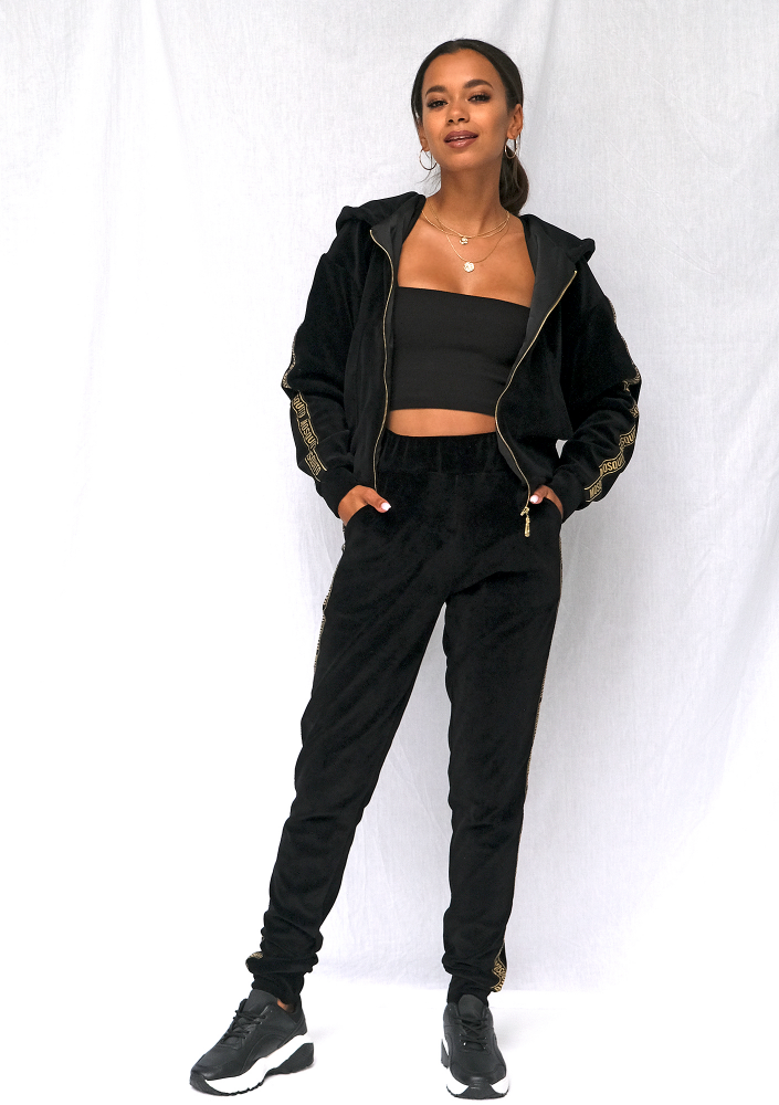 Rozpinana bluza z weluru gold logo strips czarna ILM
