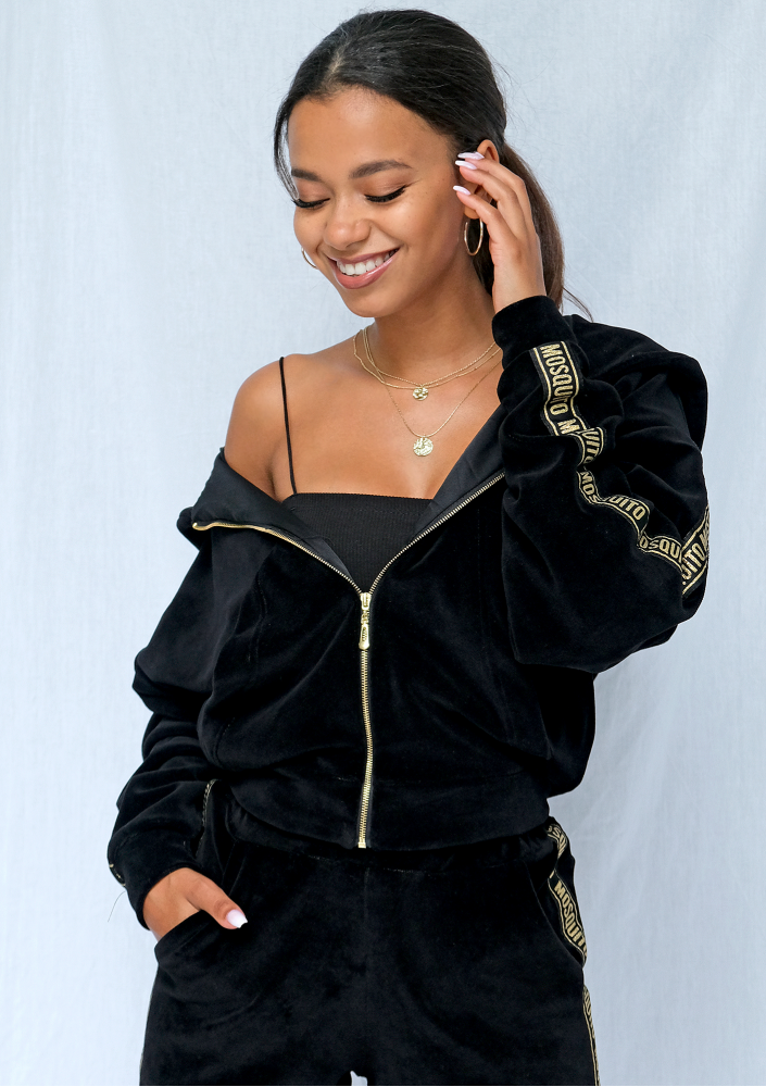 Rozpinana bluza z weluru gold logo strips czarna ILM