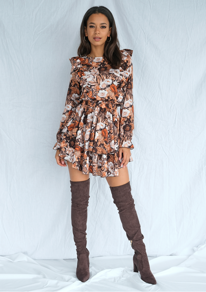 Sukienka mini z falbanami w kwiaty Brown