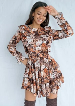 Sukienka mini z falbanami w kwiaty Brown