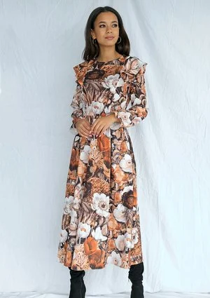 Sukienka midi w kwiaty Brown
