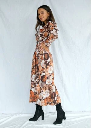 Sukienka midi w kwiaty Brown