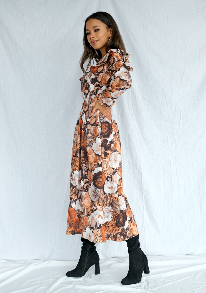 Sukienka midi w kwiaty Brown
