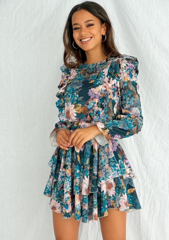 Sukienka mini z falbanami Aquarelle Flowers