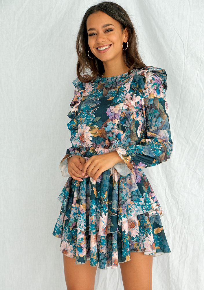 Sukienka mini z falbanami Aquarelle Flowers