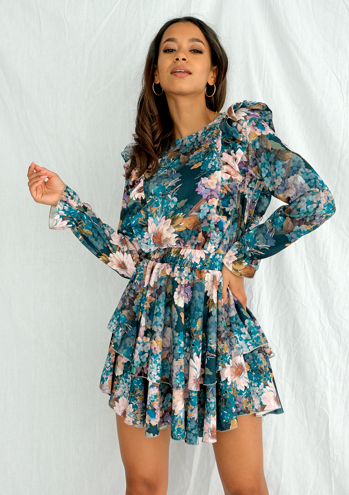 Sukienka mini z falbanami Aquarelle Flowers