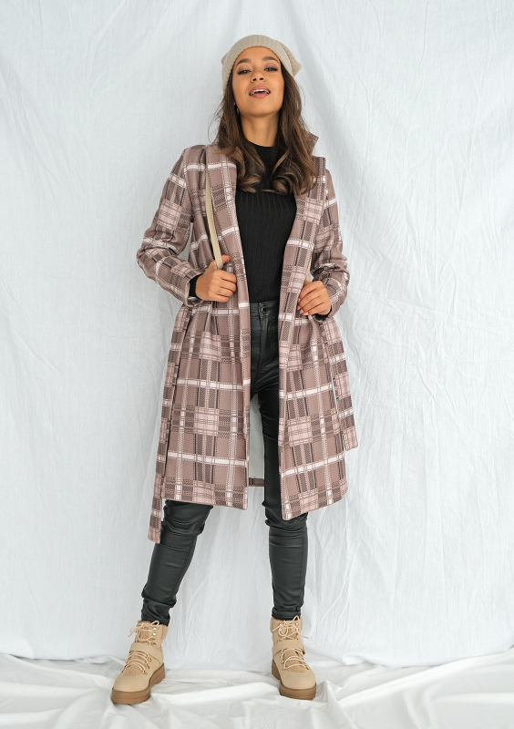 Płaszcz z flauszu drukowany w kratę Beżowy