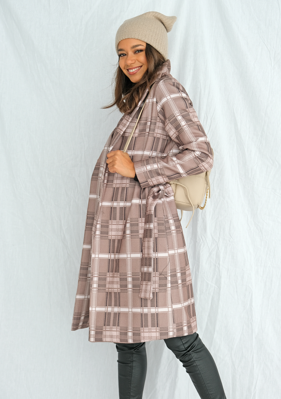 Płaszcz z flauszu drukowany w kratę Beżowy