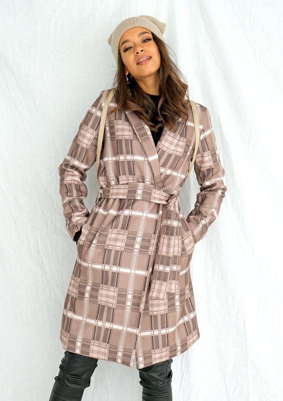 Płaszcz z flauszu drukowany w kratę Beżowy